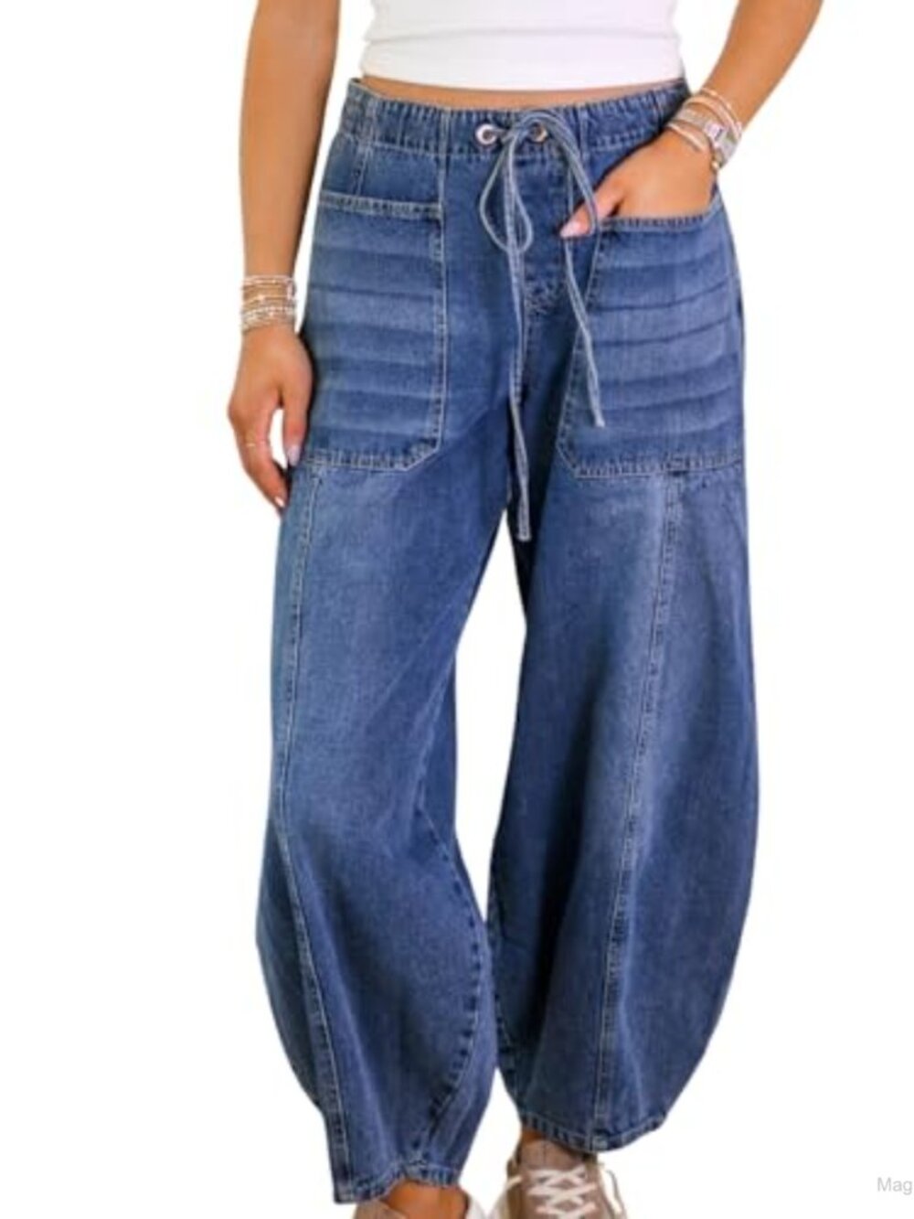 Women High Waisted Wide Leg Baggy Jeans Stretch Drawstring Denim Pants